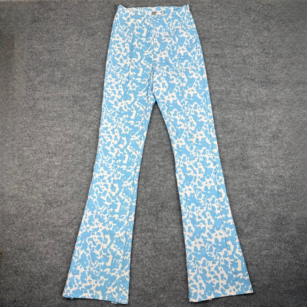 Tiger Mist Celeste Blue White Abstract Print High Rise Flare Pants Slit Hem XS